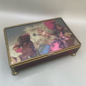 VTG Via Vermont “White Christmas” Jewelry Trinket Glass Brass Santa Box WORKS